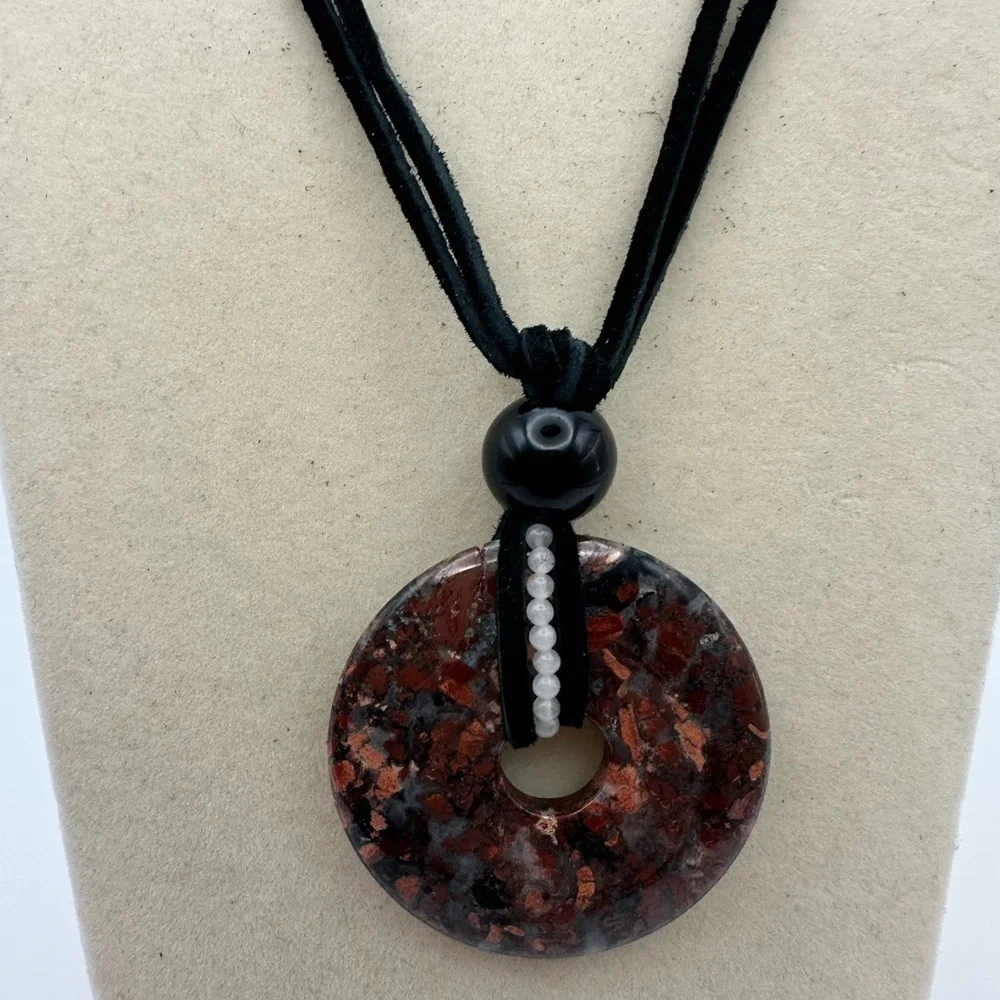 Mexican Crazy Lace Agate Donut Pendant on Genuine Leather